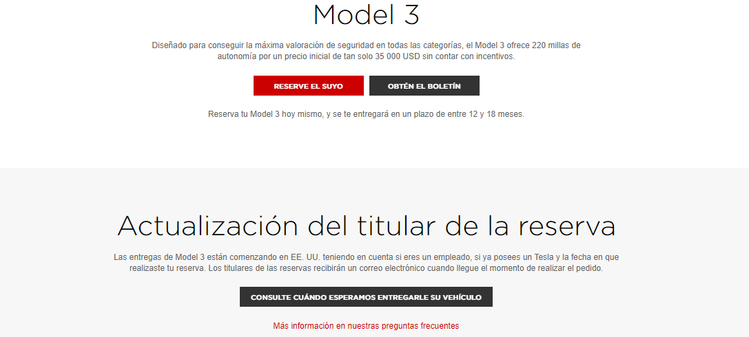 Página oficial de Tesla para el Model 3