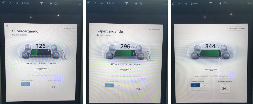 Model S 75 supercargando al 30%, 80% y 90 % respectivamente Model S 75 supercargando al 30%, 80% y 90 % respectivamente