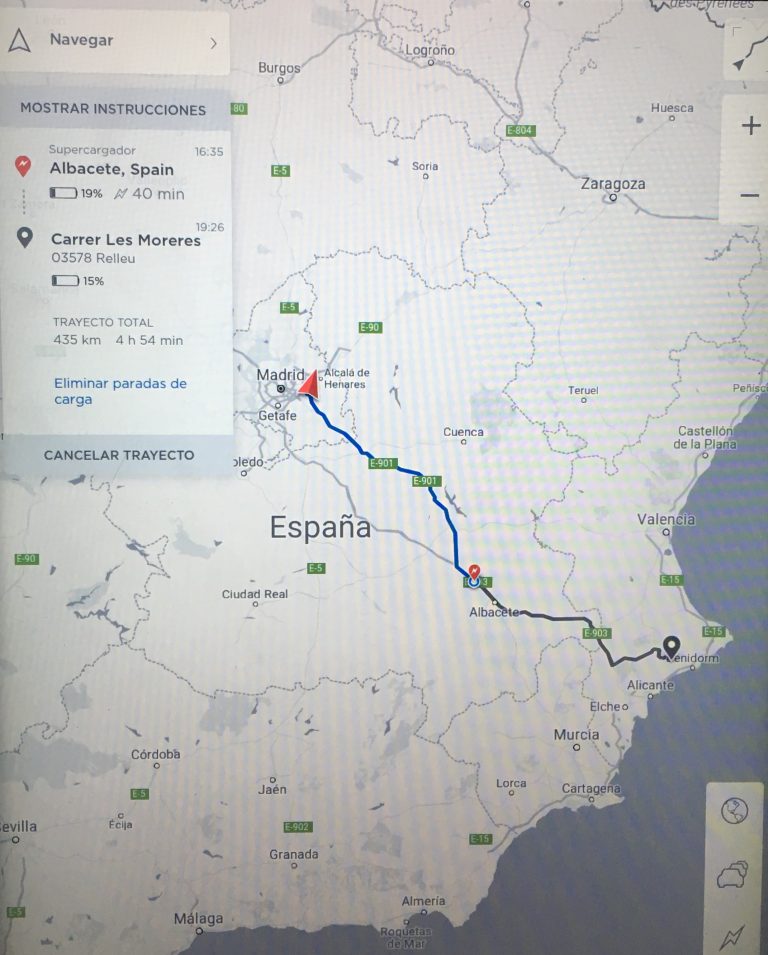 Ruta Madrid-Relleu(Alicante) en Tesla Model S 75.