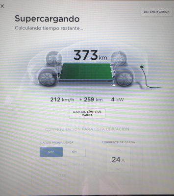 Supercargando en Saintes. Velocidad 4kW. Autonomía 373 km. Batería 100%.