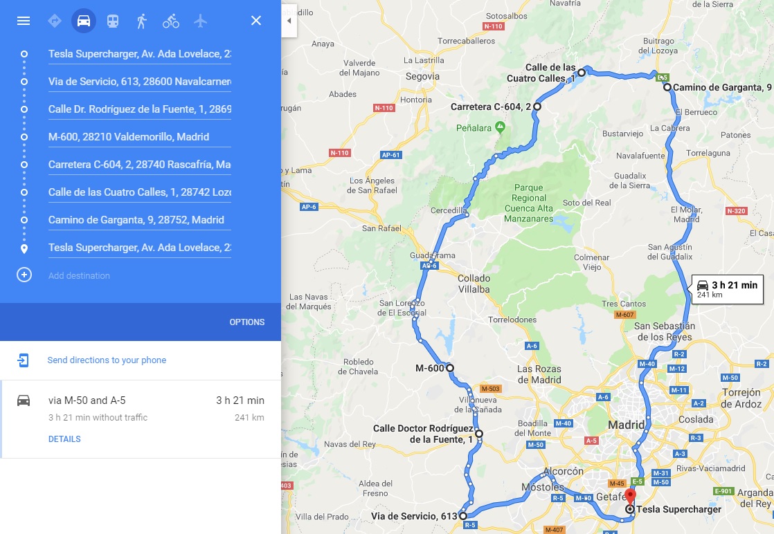 Ruta seleccionada para la prueba de consumos de vehículos Tesla
