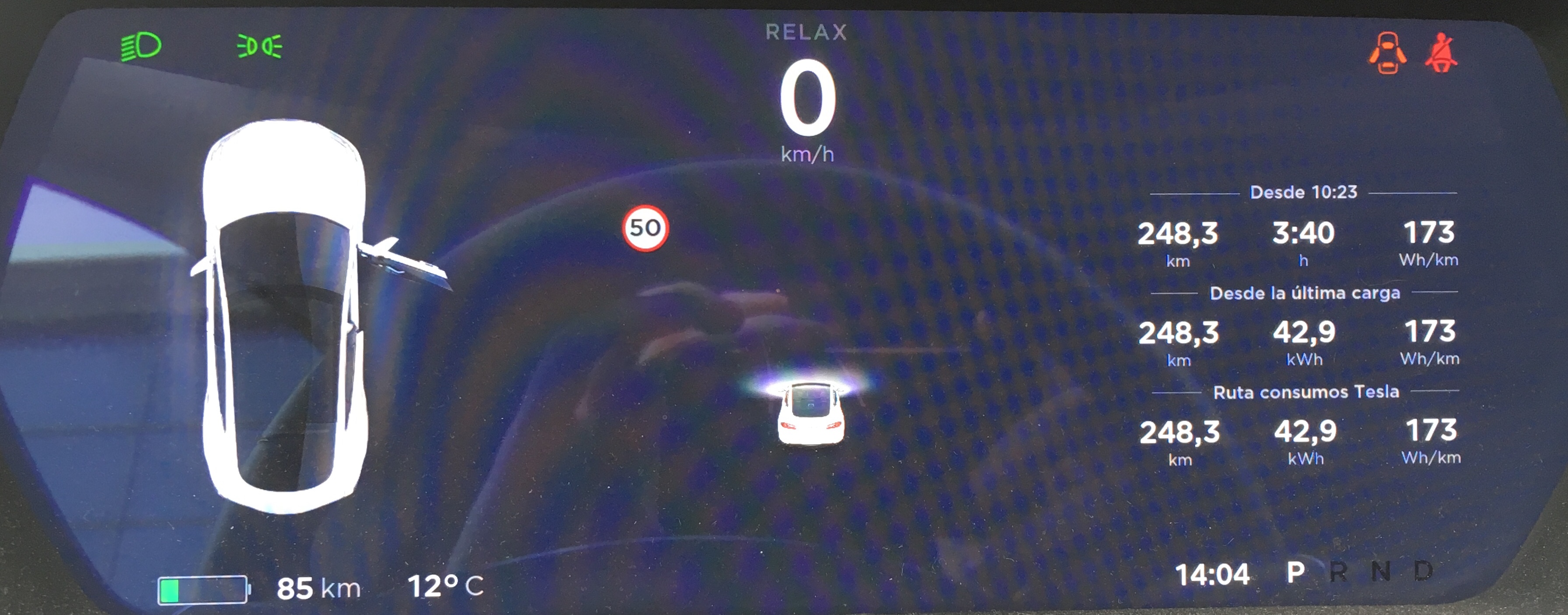 Consumo medio obtenido por Tesla Model S 75 en la vuelta de reconocimiento.