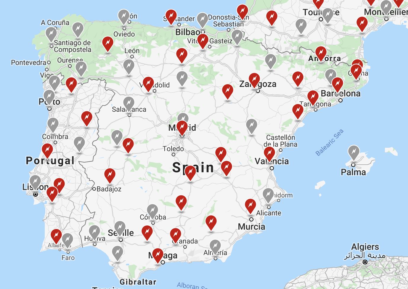 Mapa de Superchargers de la península ibérica. Actualizado a 2 de Julio de 2019. En rojo los abiertos. En gris las aperturas previstas a lo largo de 2019 y 2020.